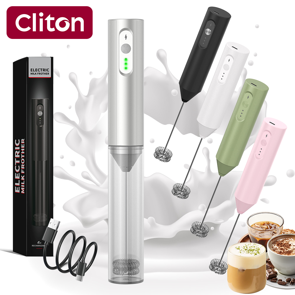 Electric Milk Frother Handheld - Cliton Elektrokaplama Gümüş USB-C Şarj Edilebilir